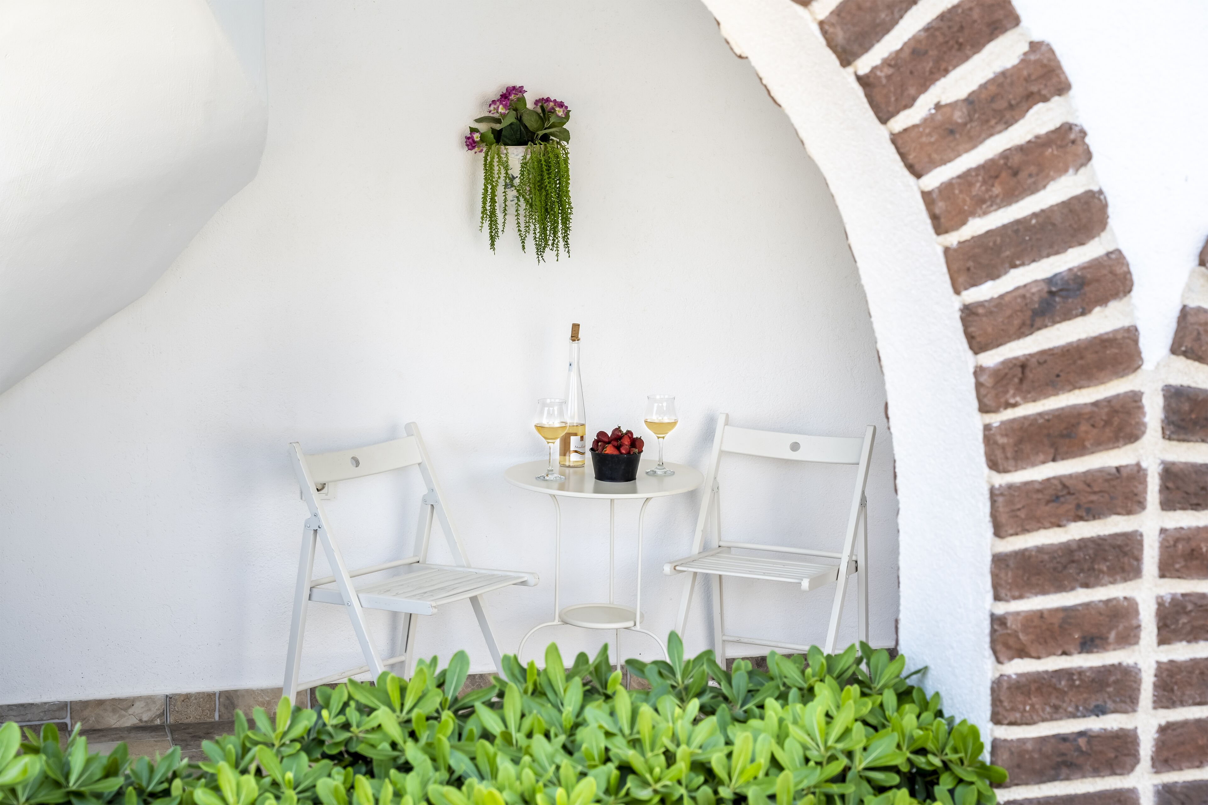 A white wall with a hanging plant, a small table with two chairs, and a bottle of champagne.
