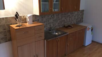 Fridge, microwave, stovetop, cookware/dishes/utensils