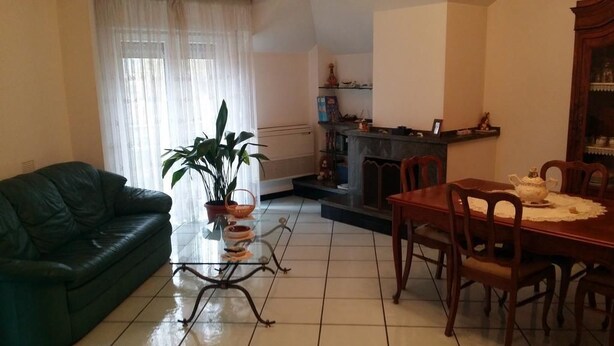 Un salon avec un canapé vert, une table basse en verre agrémentée d’objets décoratifs, une table à manger avec des chaises et une cheminée.