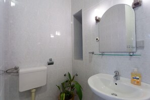 A bathroom with a toilet, sink, mirror, and a potted plant.