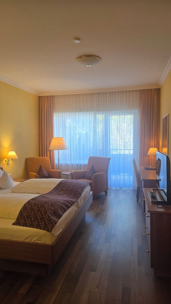 A hotel room with a bed, two armchairs, a desk, and a television. - Anna (Badenweiler)