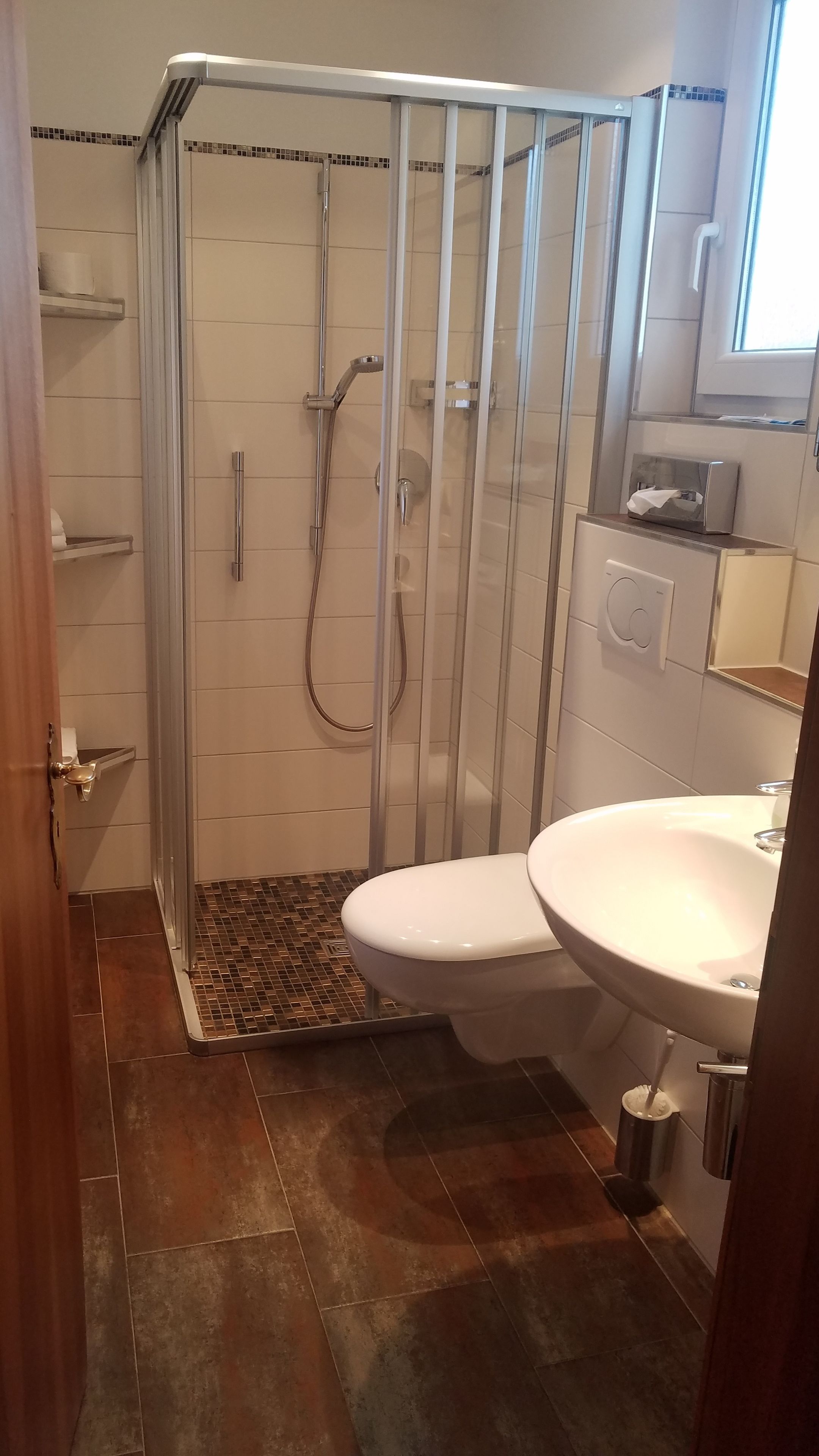 Une salle de bain avec une douche à parois de verre, des toilettes blanches et un lavabo.
