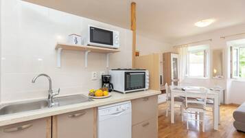 Coffee/tea maker, fridge, microwave, oven