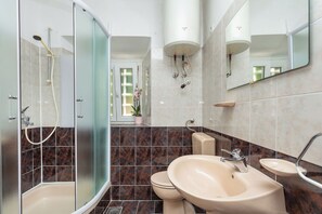 Shower, hair dryer, towels