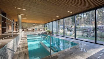 Indoor pool, open 10 AM to 9:30 PM, pool loungers