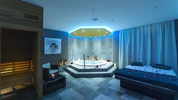 Sauna, hot tub, steam room, hot stone massages, deep-tissue massages