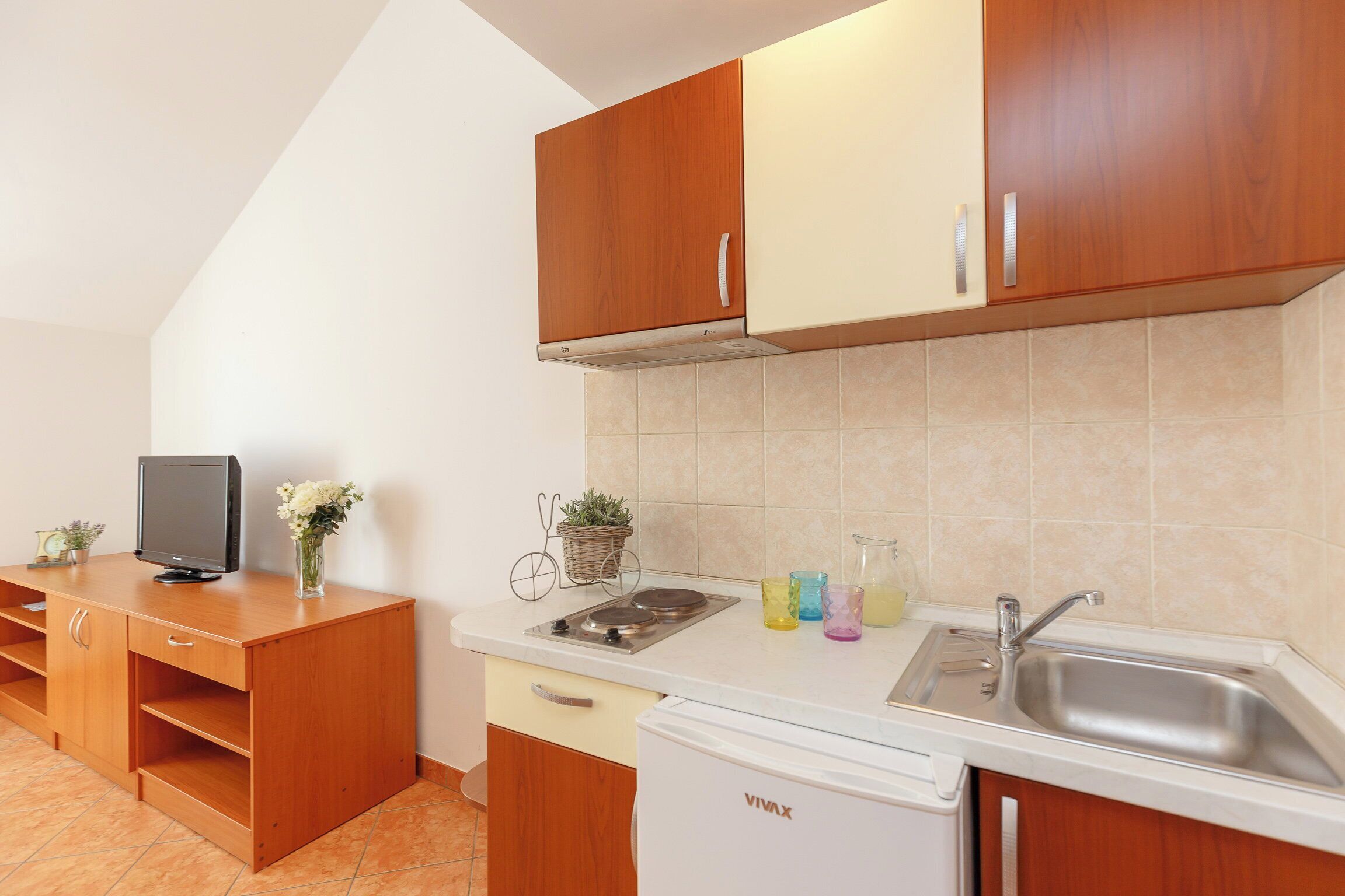 Fridge, stovetop, toaster, cookware/dishes/utensils