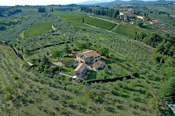 A vineyard estate with terraced fields, a central building with a tiled roof, and surrounding structures.