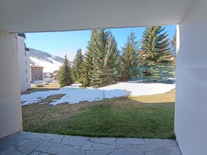 A view from a doorway into a snowy courtyard with a grassy area and tall evergreen trees.