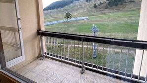 Ein Balkon mit Metallgeländer, Blick auf ein grünes Feld, Gleise und eine Strommast.