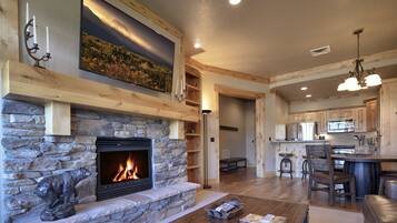 Smart TV, fireplace, books