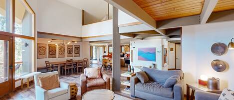 Télévision, cheminée, lecteur de DVD, vidéothèque