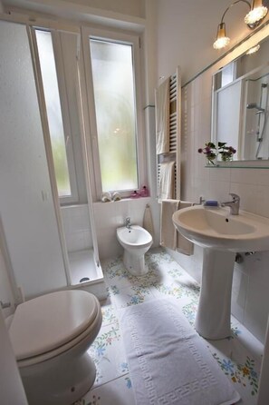 Appartement, 1 chambre | Salle de bain | Douche, bidet, serviettes fournies