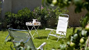 A garden with two metal chairs and a small table with a pitcher and cup. - La Villa della Meda (Taranto)