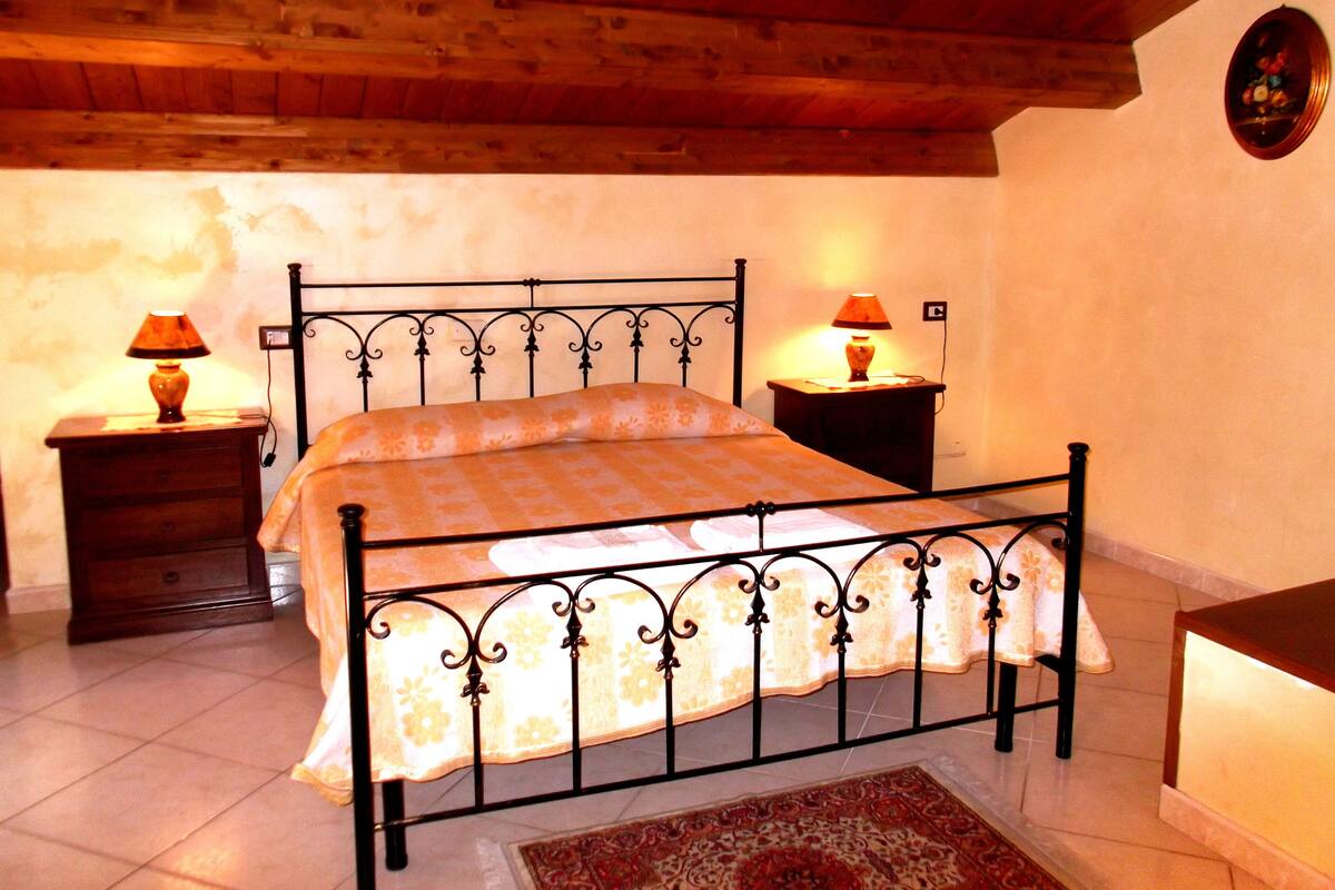 Une chambre à coucher avec un lit en métal, deux tables de chevet avec des lampes, une commode en bois et un tapis à motifs.