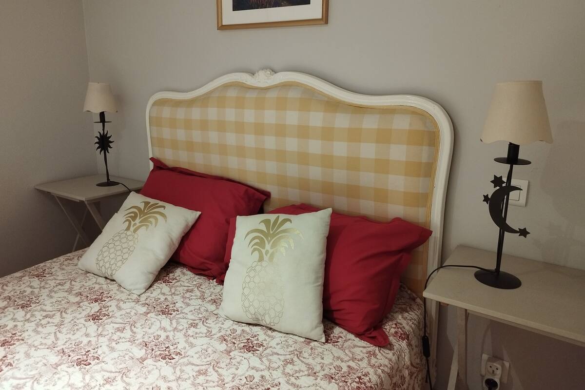 A neatly made bed with a checkered headboard, two red pillows, and two patterned pillows. There are two bedside tables, each with a lamp. A framed picture hangs on the wall above the bed.