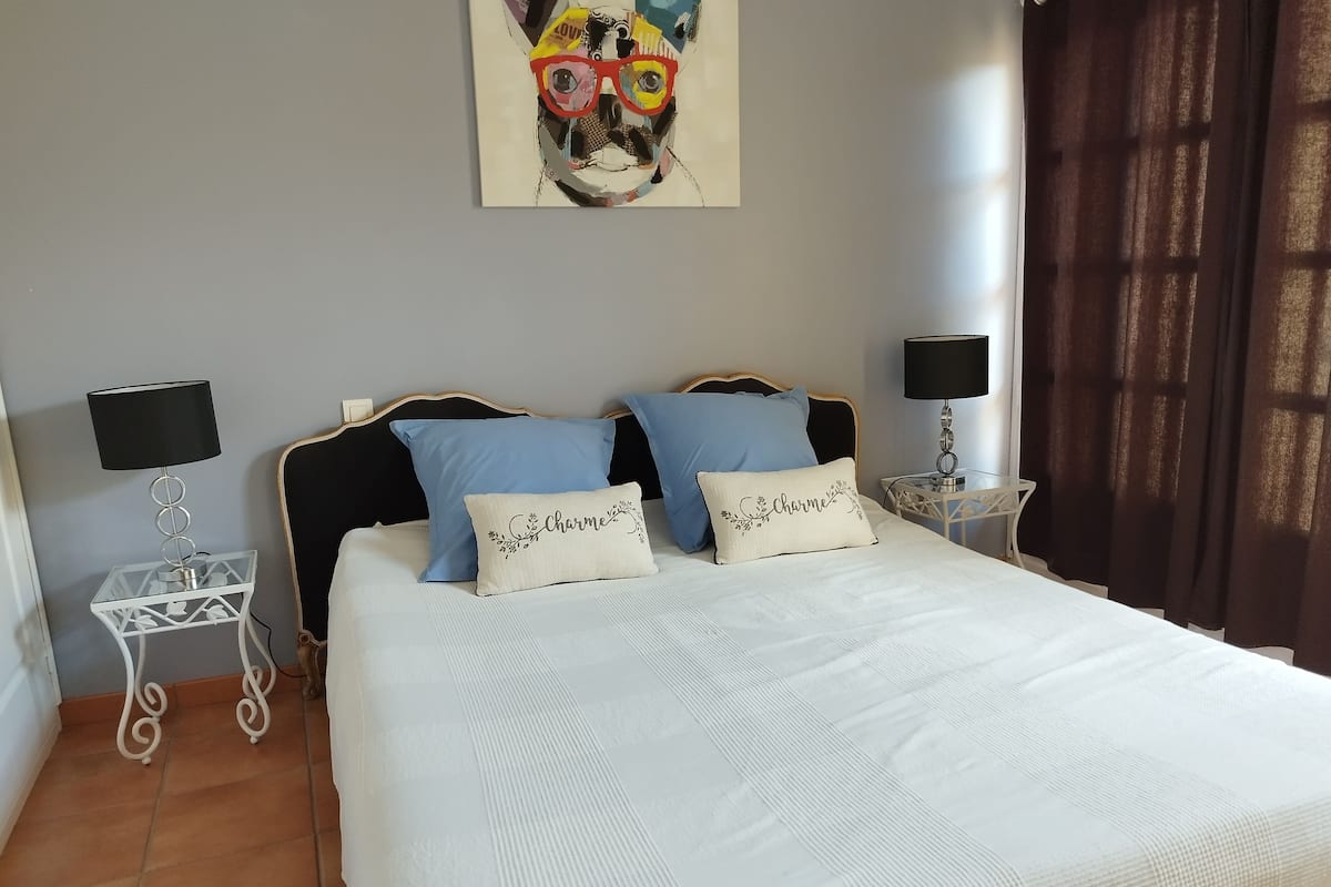 A neatly made bed with a white comforter and two decorative pillows, a wall-mounted artwork, and a bedside table with a lamp.