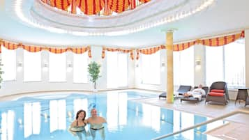 Indoor pool, open 7 AM to 11 PM, sun loungers