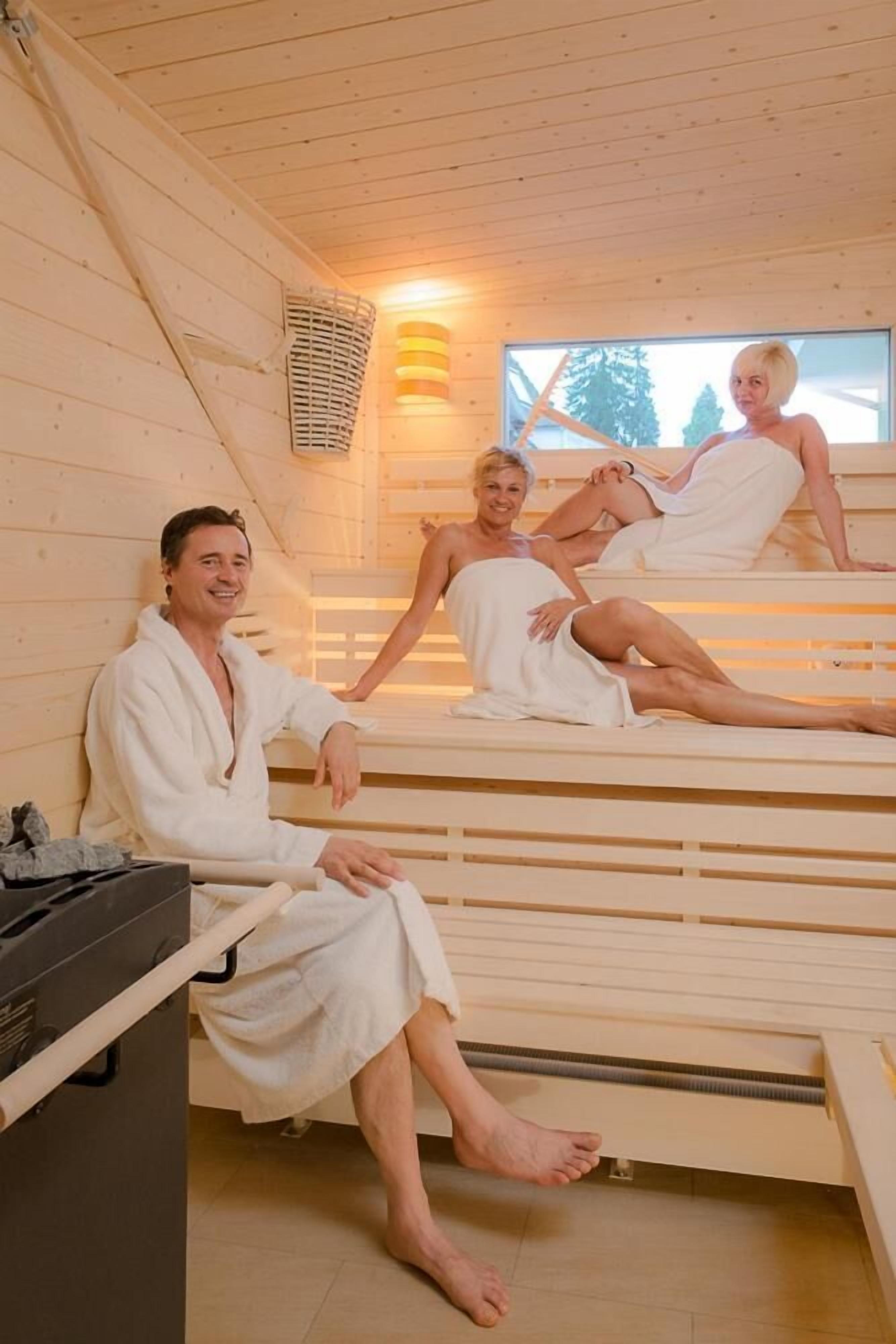 Un sauna avec des bancs en bois et un appareil de chauffage pour sauna.