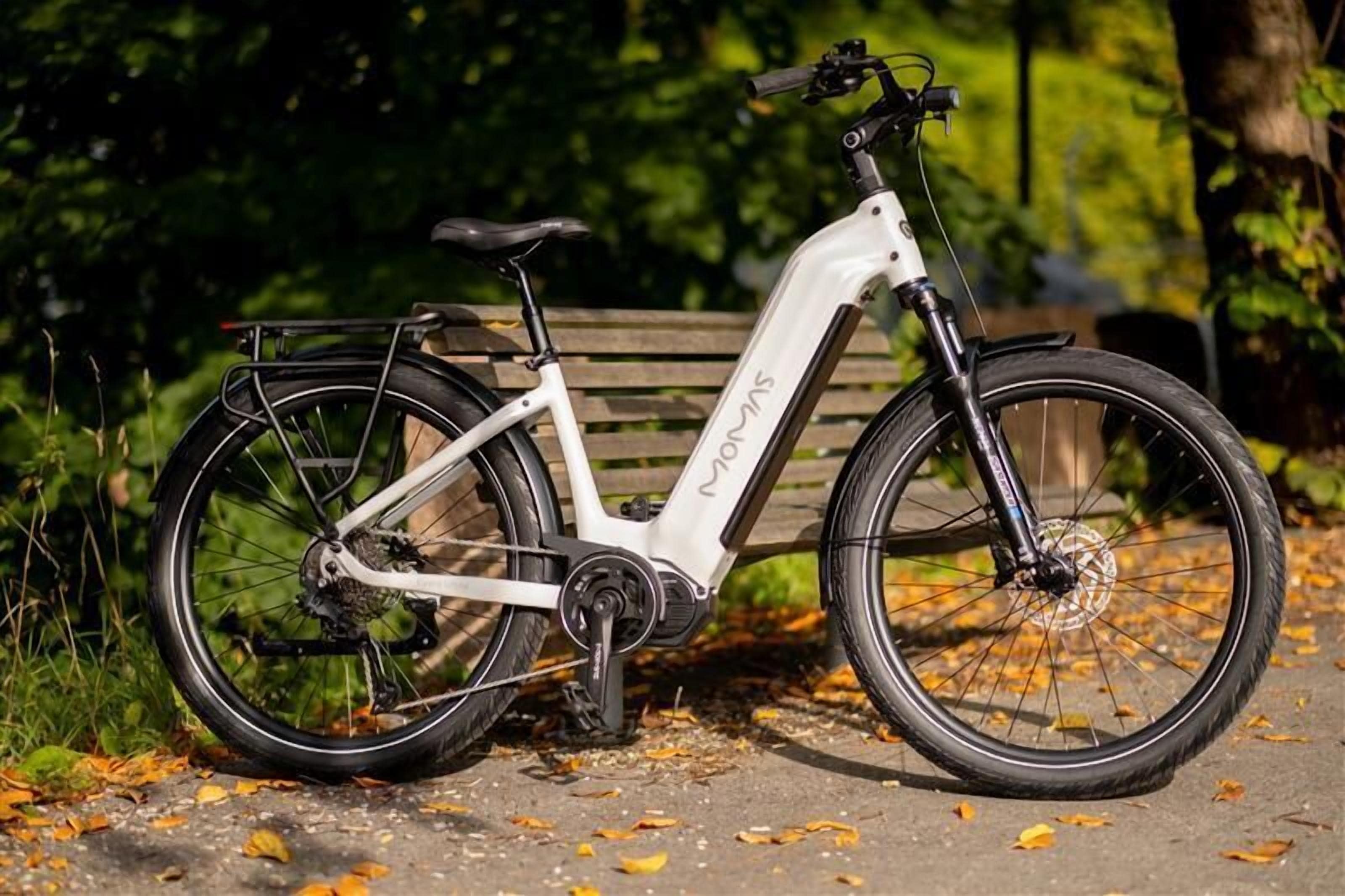En stationær elcykel med bagagebærer, parkeret på en belagt sti med nedfaldne blade.