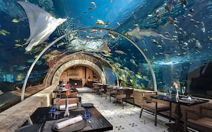 Un restaurante submarino con mesas y sillas, rodeado por un gran acuario.