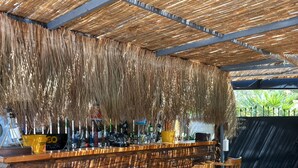 Un espace bar doté d’un toit de chaume, de chaises en bois et d’un comptoir où sont exposées diverses bouteilles.