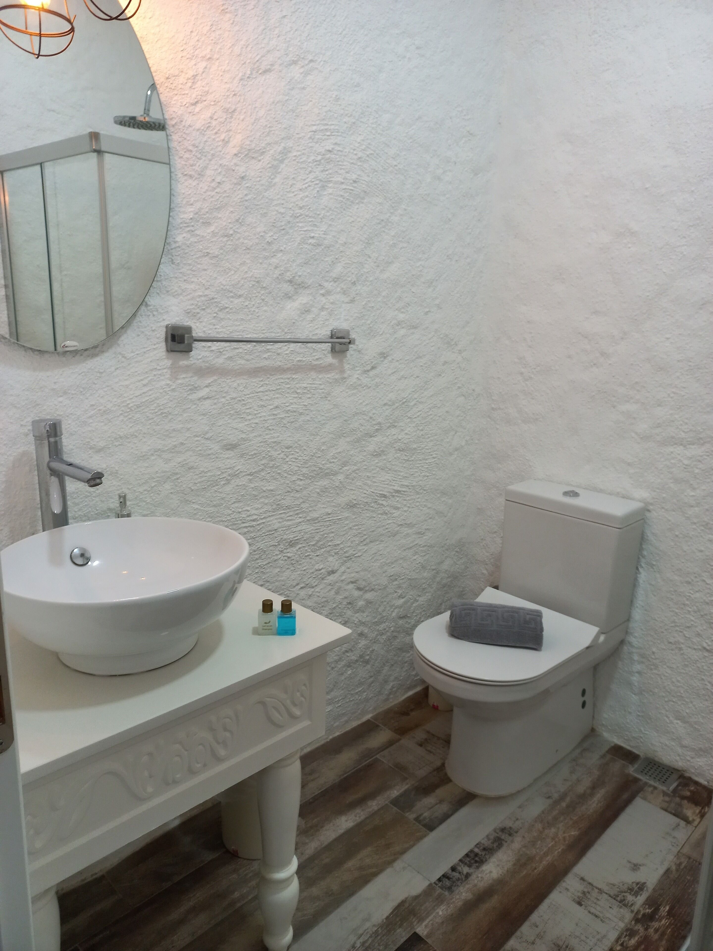 family room | bathroom | shower, rainfall showerhead, free toiletries, hair dryer