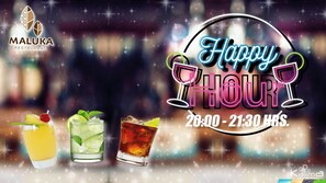 A promotional graphic for Maluka Restaurant with a 'Happy Hour' announcement from 20:00 to 21:30 hrs. - Kalima Resort & Villas Khaolak (Thai Mueang)