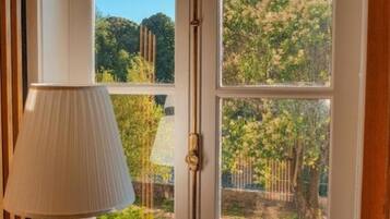A window with a view of a garden, a lamp, and a wooden floor.