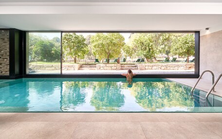 A swimming pool with a view of a park and stone steps.