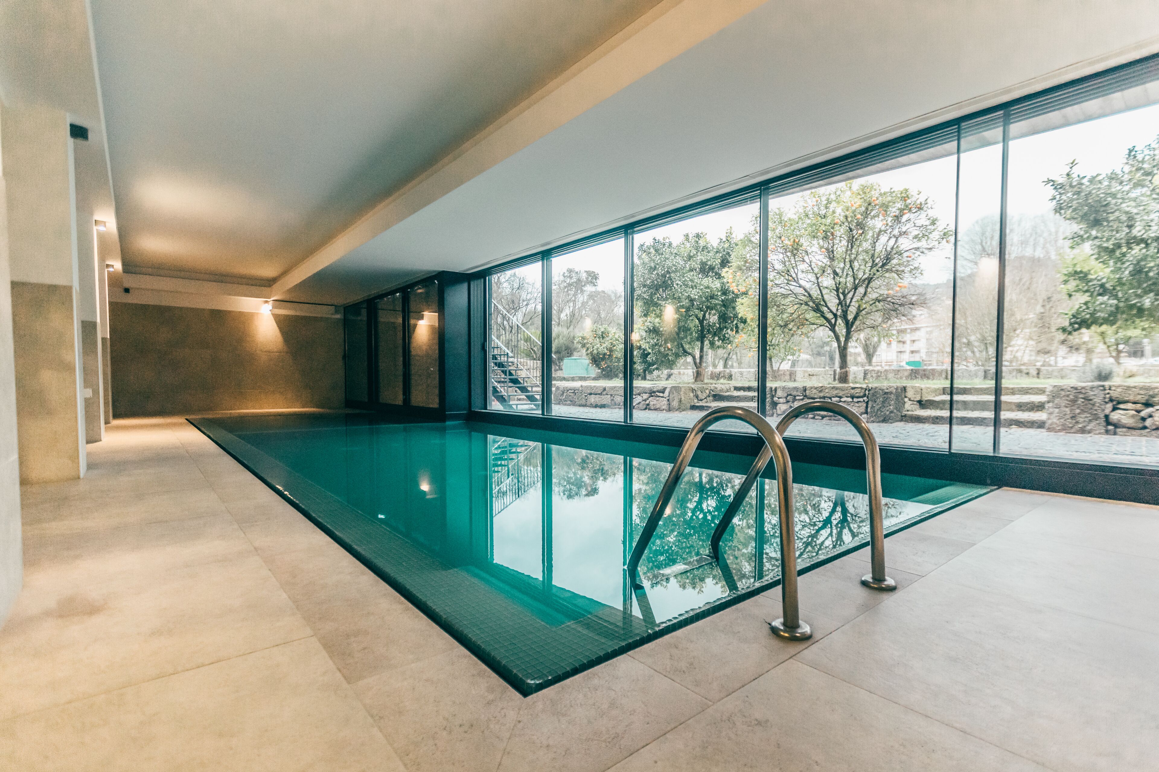 indoor pool, pool loungers