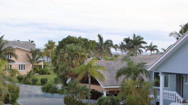 A residential area with a paved driveway, palm trees, and houses with tiled roofs. - Waters Edge Condo With Boat Slip (Freeport)