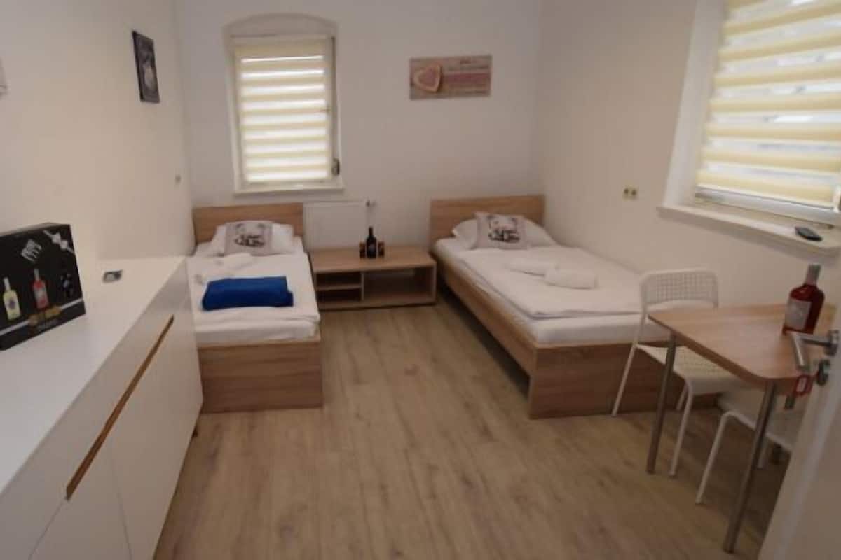 A small, clean room with two single beds, a desk, and a chair.