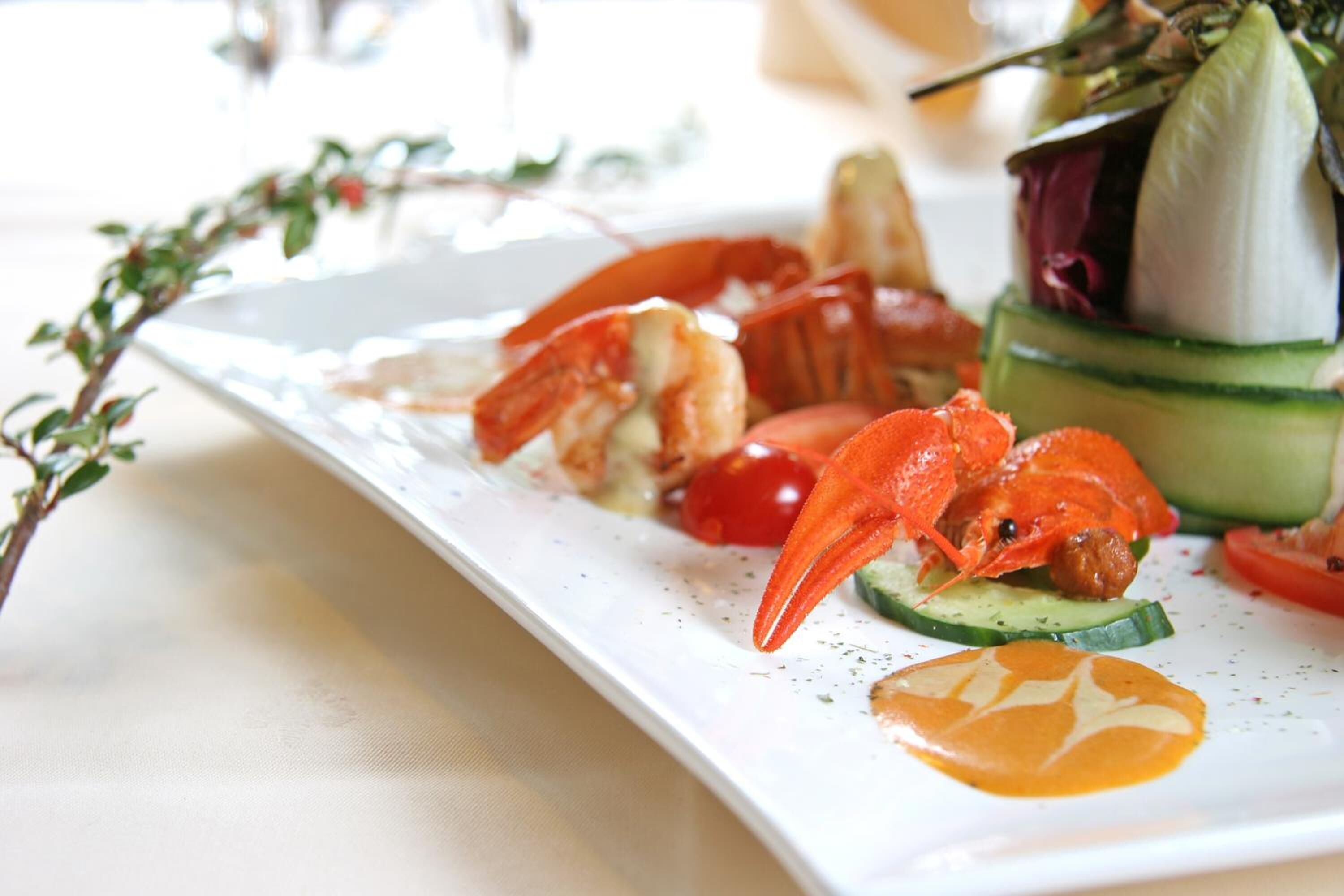 Ein Fischgericht mit Garnelen, Kirschtomaten und Gurke, serviert mit einer dekorativen Soße auf einem weißen Teller.
