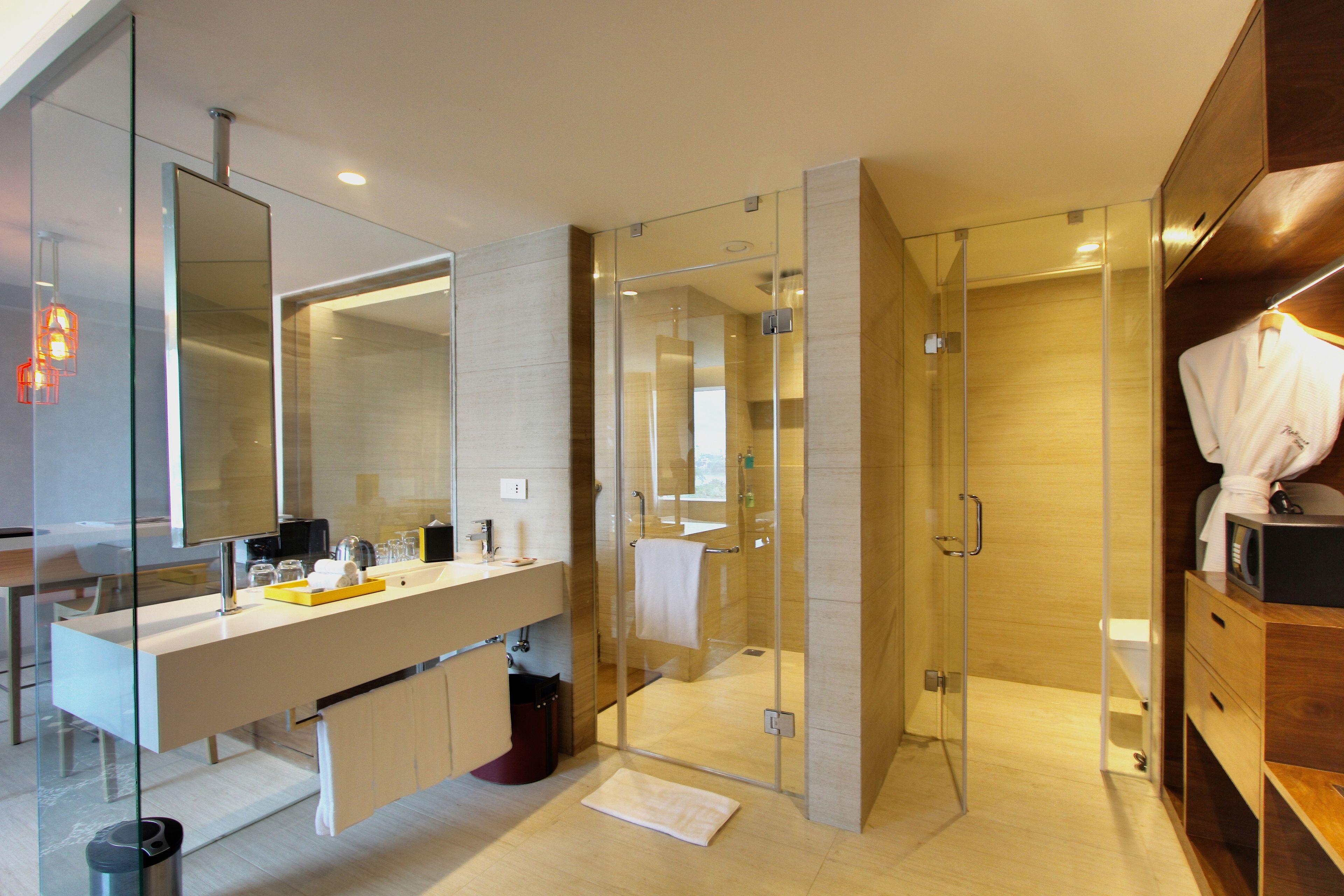 rainfall showerhead, free toiletries, hair dryer, bathrobes