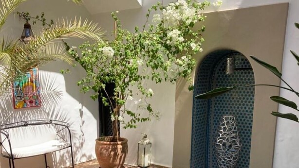 A rectangular swimming pool with a tiled border, surrounded by a brick patio. - Riad Sasha (Marrakech)