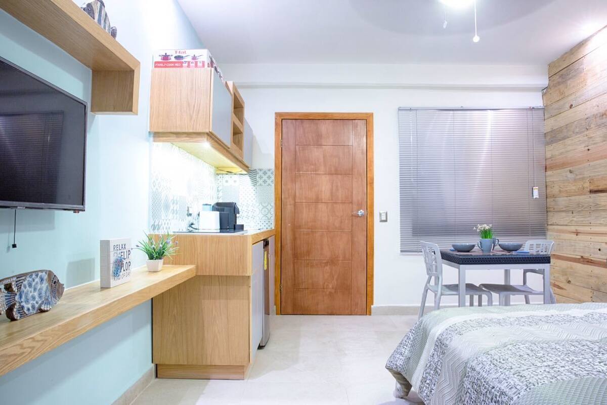 A compact room with a bed, a small kitchenette, a TV, and a wooden wall.