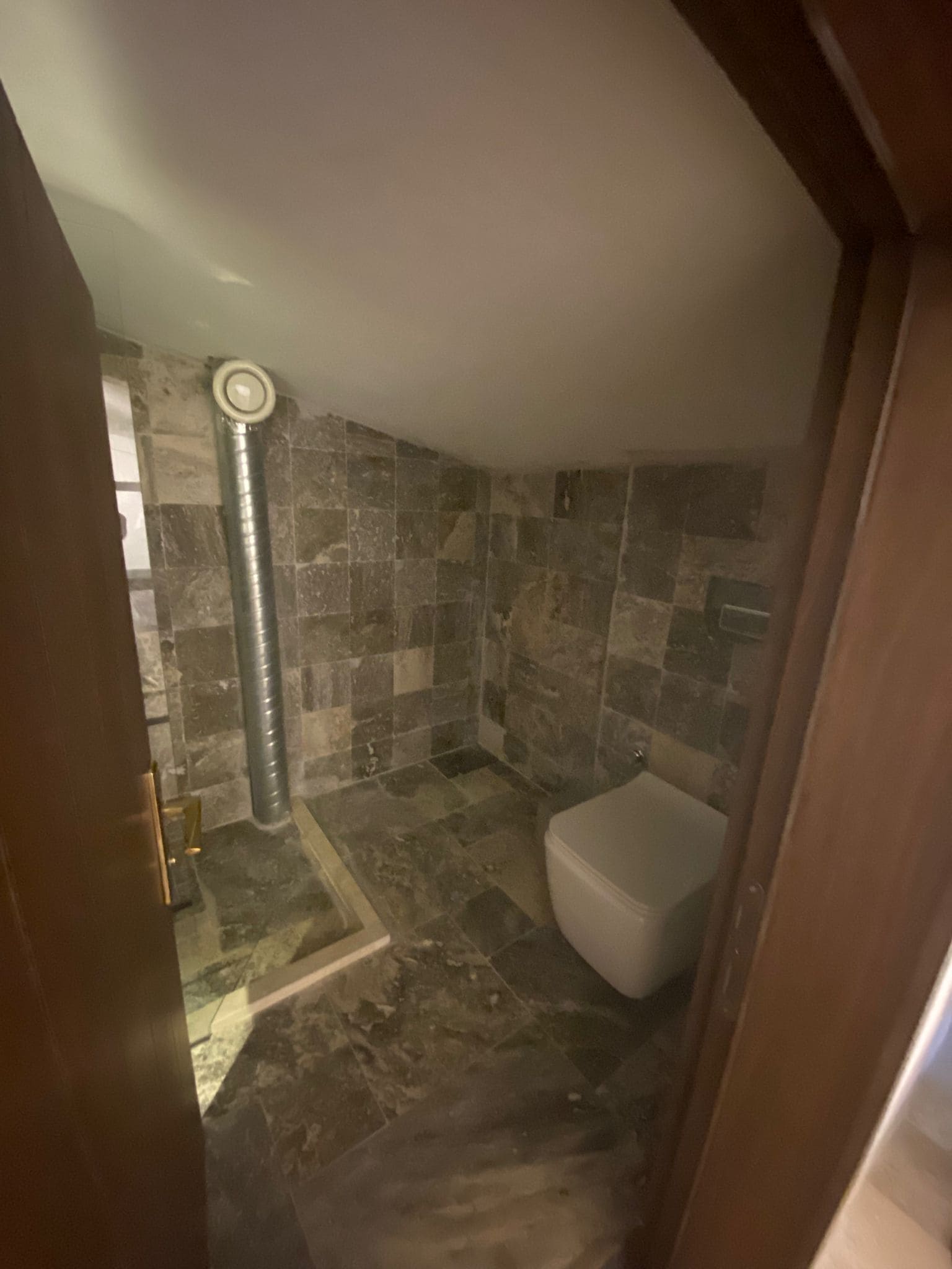 Een badkamer met douche, toilet en een stenen muur.