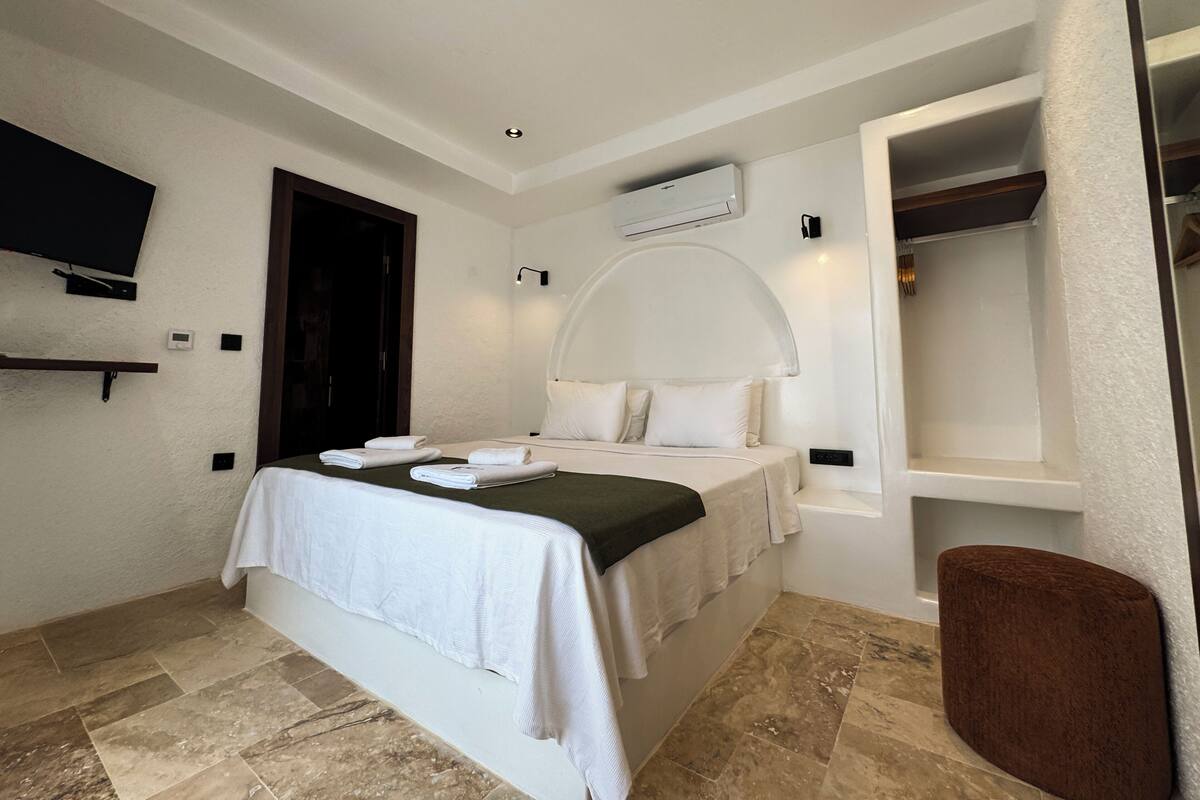 Habitación de hotel con cama, televisor montado en la pared, aire acondicionado y armario empotrado.