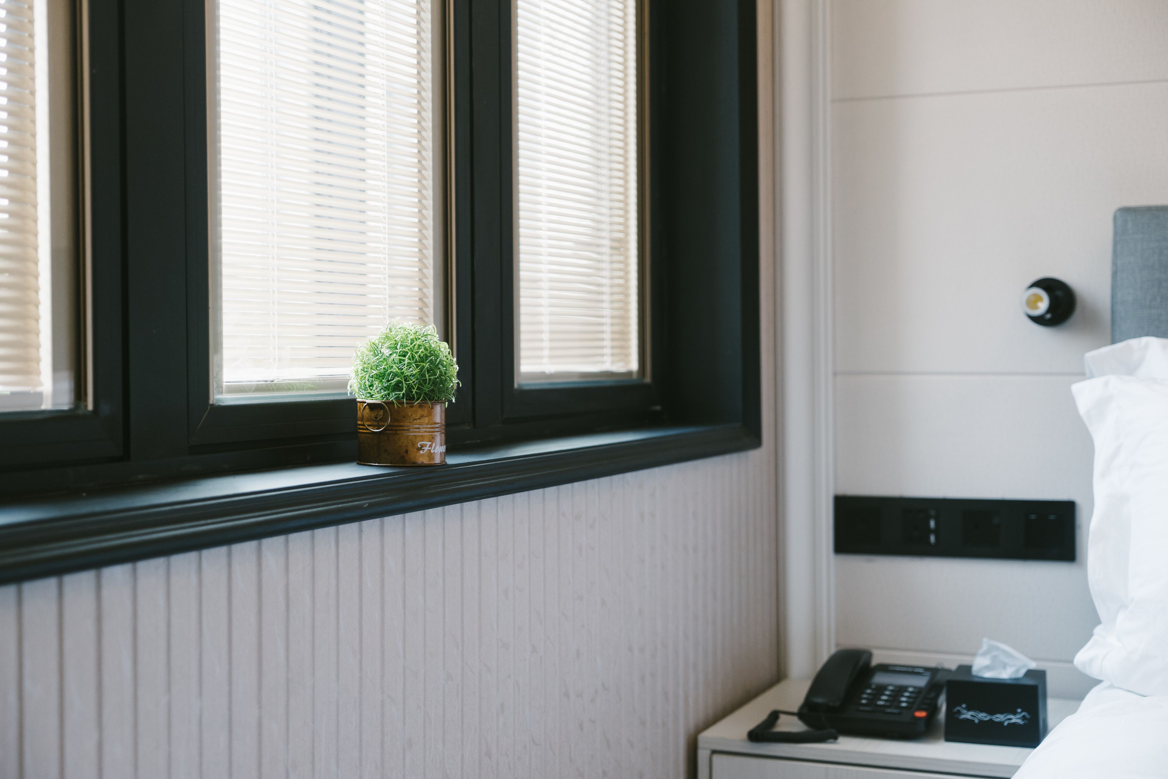 Et hotelværelse med et vindue med skodder, en lille plantekasse på vindueskarmen, et natbord med en telefon og en tissueske.