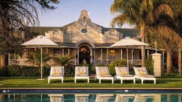 Outdoor pool, pool umbrellas, pool loungers