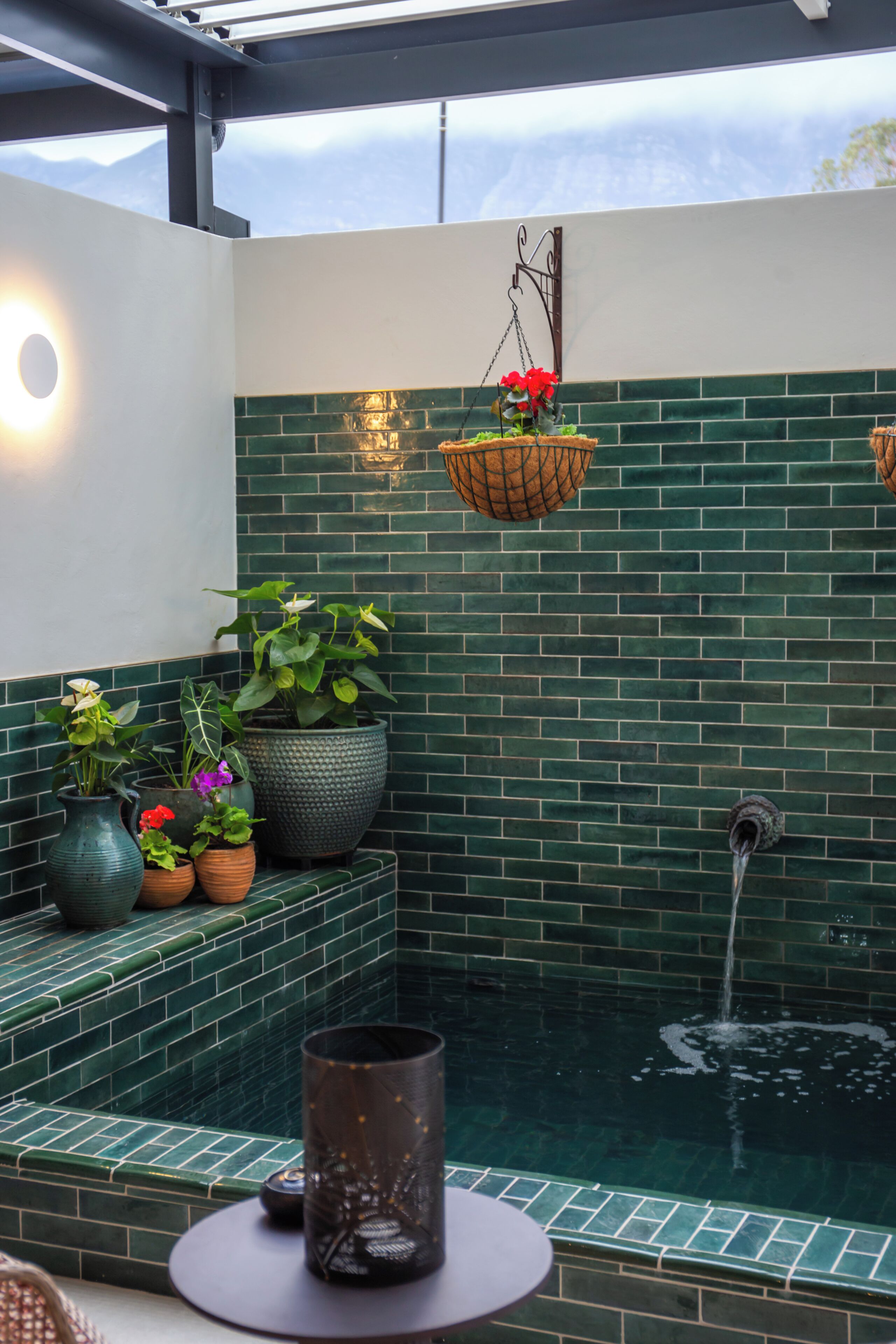 A bathroom with a green tiled wall, a hanging plant, a sink, and a shower.
