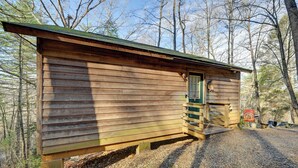 Une cabane en bois avec une porte verte et un petit porche.
