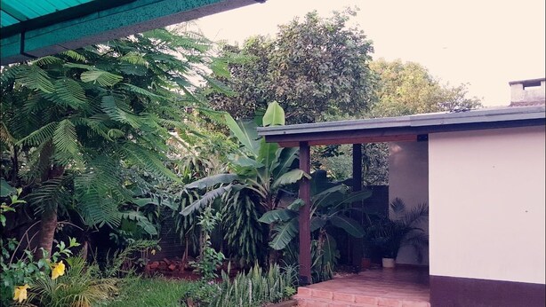 A covered outdoor area with a brick pathway leading to a building. - Apart hotel Las Guayabas (Puerto Iguazú)