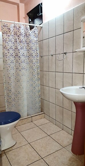 Casa de banho com cortina de chuveiro, sanita e lavatório.