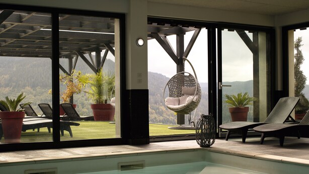 An indoor swimming pool with a view of a mountainous landscape, a hanging chair, and potted plants. - Vacation Rental for 10 People: 4 Bedrooms, Indoor Pool, Sauna, Fitness Center in Ventron, Vosges (Ventron)