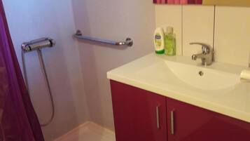 Shower, towels, toilet paper