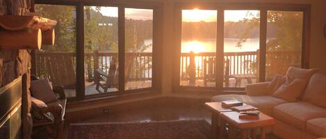 TV, fireplace, books