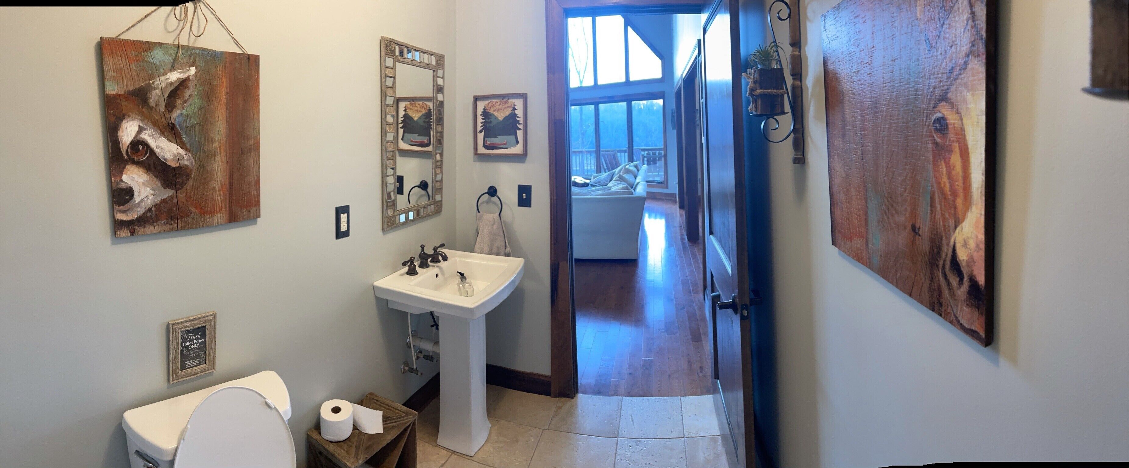 A bathroom with a toilet, sink, and mirror, with artwork on the walls and a view to a balcony.
