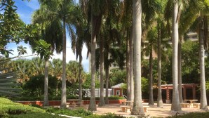 A landscaped area with palm trees, benches, and a building in the background. - Paradise Found, Unique Location (Key Biscayne)
